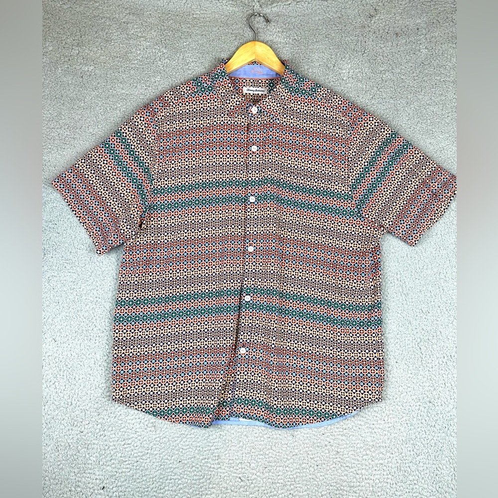Tommy Bahama Hawaiian Shirt Mens L Silk Bodega Dune Tiles Abstract Button Up